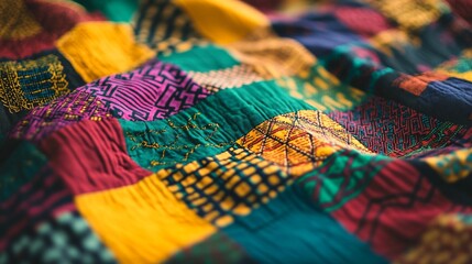 A traditional African Kente cloth design featuring bold, colorful patterns of geometric shapes and natural motifs. The cloth is laid out flat, with the patterns clearly visible and the colors