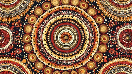 Obraz premium A traditional Aboriginal dot painting design featuring intricate patterns of dots arranged in circular and linear motifs. The colors are earthy and vibrant, with a mix of reds, yellows, and browns.