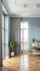 Fototapeta premium A minimalist room with a light blue-gray accent wall and wooden parquet flooring. 
