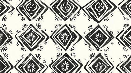 A traditional African mudcloth design featuring geometric patterns in black and white. The patterns are simple yet bold, with clean lines and repetitive shapes that create a sense of rhythm. The