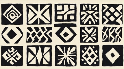 A traditional African mudcloth design featuring geometric patterns in black and white. The patterns are simple yet bold, with clean lines and repetitive shapes that create a sense of rhythm. The