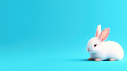 A cute white rabbit sitting on a bright blue background, perfect for pets, animals, or seasonal themes.