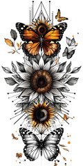 Tribal Butterflies and sunflowers tattoo flash styles illustration