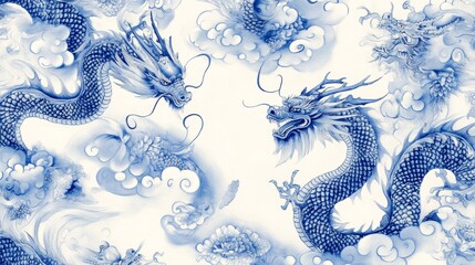 A traditional Chinese porcelain design featuring intricate patterns of dragons and clouds in blue and white. The design is detailed and symmetrical, with the patterns flowing naturally across the