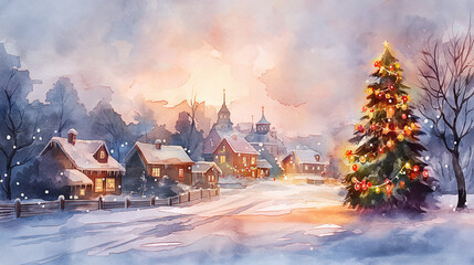 watercolor painting, a snow covered village, decorated christmas tree, Christmas