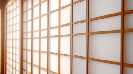 A traditional Japanese shoji screen with delicate, wooden latticework and translucent paper panels. The design is simple and elegant, with a soft, natural light filtering through the paper. The