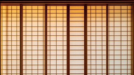 A traditional Japanese shoji screen with delicate, wooden latticework and translucent paper panels. The design is simple and elegant, with a soft, natural light filtering through the paper. The