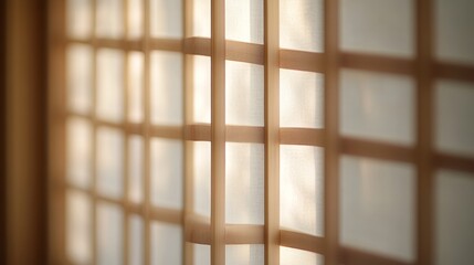 A traditional Japanese shoji screen with delicate, wooden latticework and translucent paper panels. The design is simple and elegant, with a soft, natural light filtering through the paper. The