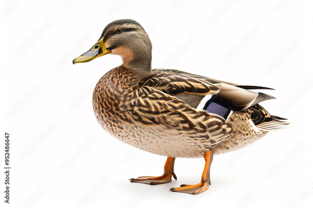 Poster a duck standing on a white surface with a white background