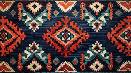 A traditional Middle Eastern kilim rug design featuring bold, geometric patterns in bright colors like red, blue, and green. The patterns are intricate and detailed, with the shapes arranged in a