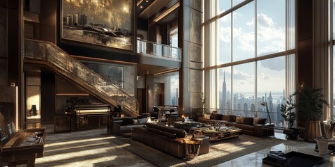 Luxury penthouse living room with city view.