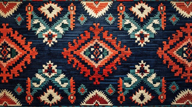 A traditional Middle Eastern kilim rug design featuring bold, geometric patterns in bright colors like red, blue, and green. The patterns are intricate and detailed, with the shapes arranged in a