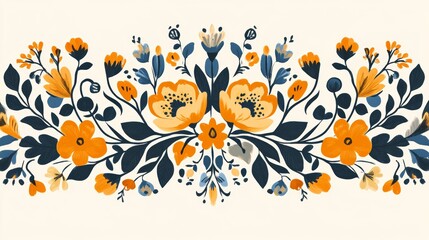 Obraz premium A traditional Scandinavian folk art design featuring stylized floral motifs and geometric patterns in bright, cheerful colors. The design is simple yet bold, with clean lines and repetitive patterns