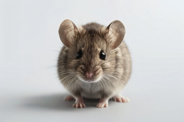 a small mouse is standing on a white surface