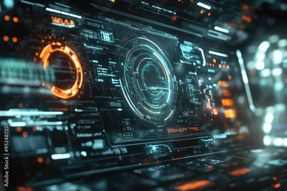 Poster futuristic user interface design with glowing elements, perfect for tech and innovation themes.