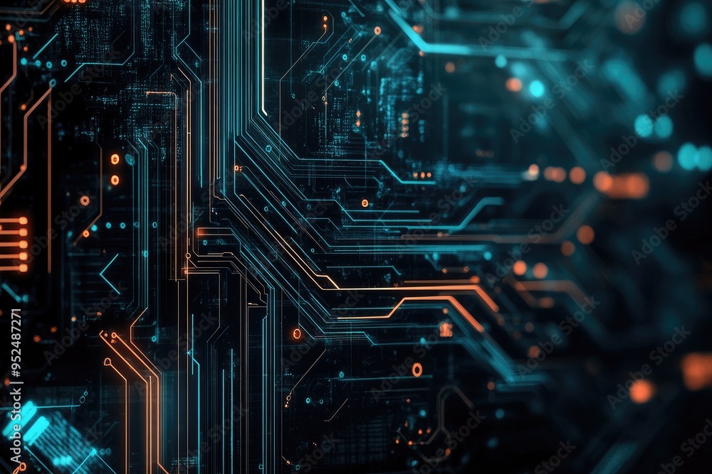 Poster futuristic circuit board with glowing lines and intricate patterns, ideal for technology and digital