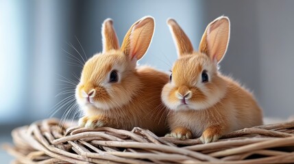 Obraz premium Adorable baby rabbits resting together in a cozy nest, showcasing their fluffy fur and charming expressions.
