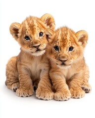 Obraz premium Adorable lion cubs playfully resting together, showcasing their cute features and soft fur against a clean background.