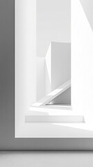 A modern, minimalist architectural space featuring stark white walls and geometric shapes, emphasizing light and shadow interplay.