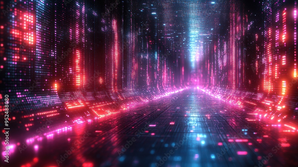 Poster bright neon lines glowing in the dark create a digital futuristic background in 3d render.