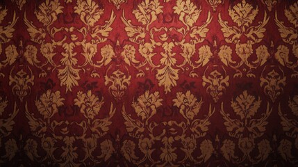 An ornate Victorian-style wallpaper featuring a repeating pattern of floral motifs in deep burgundy and gold. The design is intricate and detailed, with curling vines and blooming roses set against a