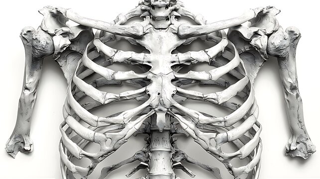 Close-up of a human rib cage and shoulder bones against a white background.