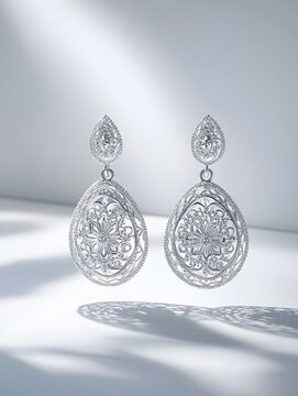 Exquisite Handcrafted Sterling Silver Filigree Earrings Set Against a Pristine White Background