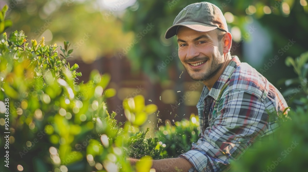 Poster a man is smiling and wearing a hat while working in a garden