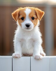 Adorable puppy with orange and white fur, playfully looking over a fence, capturing hearts with its curious expression.