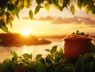 A bowl of South Sudanese kisra, soft and fluffy, served with okra sauce, with the Nile River flowing gently in the background, surrounded by lush greenery