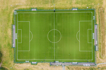 Aerial drone shot of a football pitch in the middle of a park in Bishops Stortford © Mounir