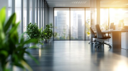 Fototapeta premium A modern office space with large windows, greenery, and a bright atmosphere.