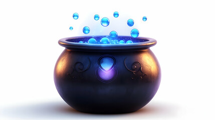 3D Glossy Witchs Cauldron Background with Glowing Bubbles concept as A glossy background featuring a witchs cauldron with glowing bubbles rising into the dark night. Perfect for Halloween party invita