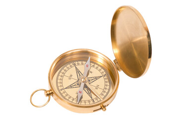 Golden old compass with lid  in PNG isolated on transparent background
