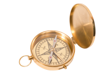 Golden old compass with lid  in PNG isolated on transparent background