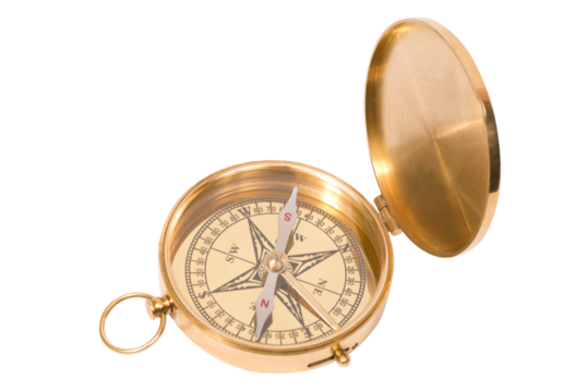 Golden old compass with lid  in PNG isolated on transparent background