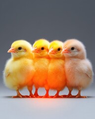Fototapeta premium Four adorable chicks stand together, showcasing their fluffy feathers and vibrant colors against a soft background.