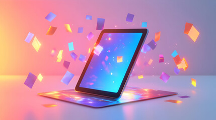 3D Tablet with Holographic Discount Tags concept as Vertical shot of a tablet standing on a white surface with glowing holographic discount tags floating around it creating a vibrant Black Friday them