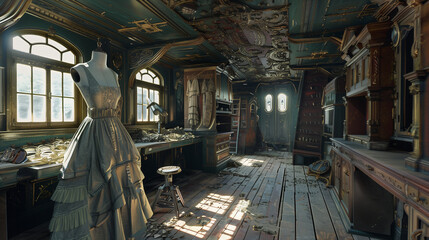 A beautifully detailed, ornate room with an old-fashioned dress on a mannequin, illustrating a vintage sewing workshop filled with patterned wood and intricate decor.