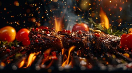 A grill with meat and vegetables on it, with the meat being cooked