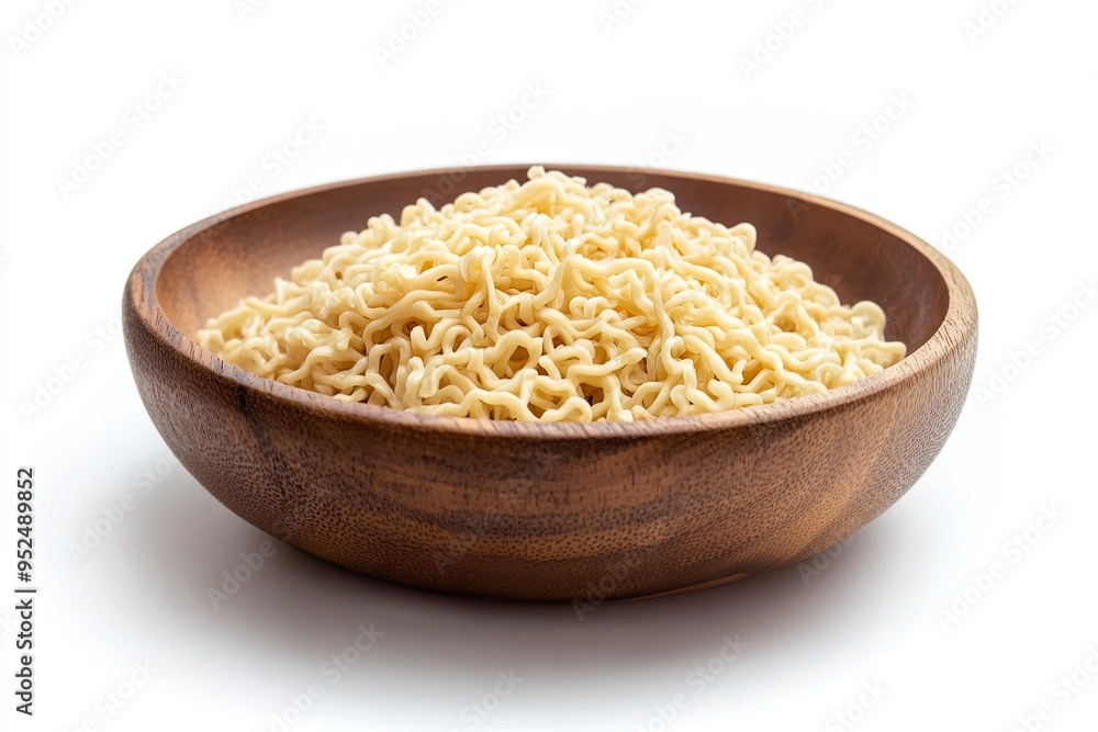 Wall mural raw ramen noodle in wood plate isolated on white background