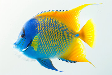 a blue and yellow fish swimming in a clear water