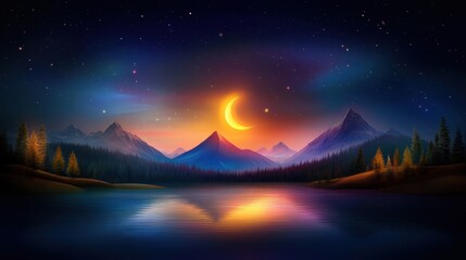 Mountain lake at night, glowing moon reflection