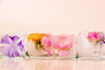 A closeup shot of four ice cubes, each containing a different flower