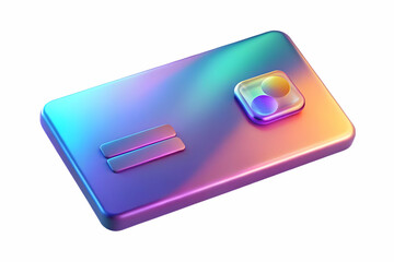 3D Holographic credit card with Labh Pancham symbol and copy space concept as A sleek holographic credit card with the Labh Pancham symbol embossed on its surface floating above a white background. Th