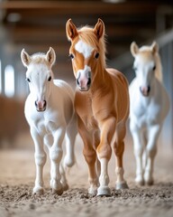 Obraz premium Three adorable young horses trotting together in a barn, showcasing their playful spirit and beautiful coats.