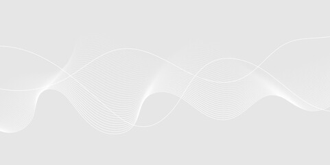 Abstract white wave dynamic curve lines on gray background with flowing particles. Digital energy waves technology concept. Modern backdrop design for business, presentation, banner.