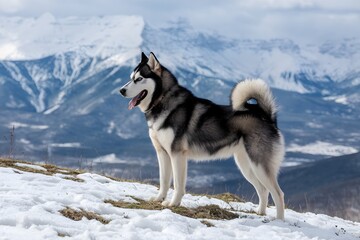 Standing on a hill, an adult Siberian Huskys silhouette contrasts with the snowy backdrop