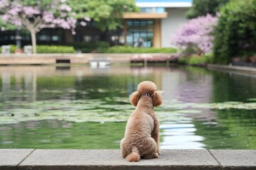 Sitting by a pond, a Toy Poodle watches the water serenely