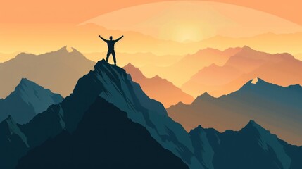 Silhouette of a Man Standing on a Mountain Peak at Sunset